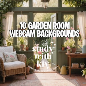 May include: A sunlit garden room with the text "10 GARDEN ROOM WEBCAM BACKGROUNDS." The room features a wicker chair with a floral pillow, plants, and small tables. The walls are green, and the windows are draped with white curtains.