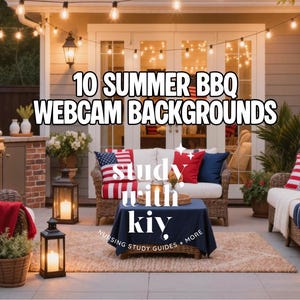 May include: Outdoor patio scene with text "10 SUMMER BBQ WEBCAM BACKGROUNDS". Features wicker furniture, red, white, and blue pillows, a grill, and string lights. A cozy setting for summer gatherings.