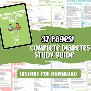 May include: A digital tablet shows a green cover titled "All About Diabetes Nursing Study Guide" with illustrations. The image includes the text "37 Pages! Complete Diabetes Study Guide" and "Instant PDF Download."
