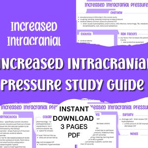 May include: A purple study guide titled "Increased Intracranial Pressure Study Guide" with detailed medical information. The guide includes sections on overview, etiology, risk factors, pharmacology, and collaboration. The text "Instant Download 3 Pages PDF" is also visible.
