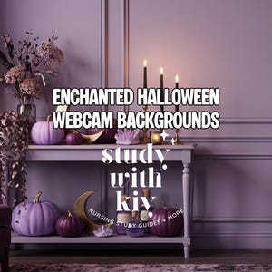 May include: A digital image featuring a purple room with a console table, a purple armchair, and a gold lamp. The text reads ENCHANTED HALLOWEEN WEBCAM BACKGROUNDS and study with kiv NURSING STUDY GUIDES & MORE. Pumpkins and candles decorate the table.