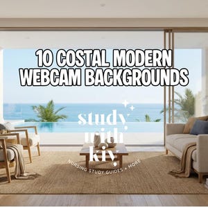 Könnte beinhalten: Modernes Wohnzimmer mit Küstenblick. Das Bild zeigt ein Sofa, Stühle und einen Couchtisch. Der Text auf dem Bild lautet "10 Küsten-Webcam-Hintergründe" und "Study with Kivi".