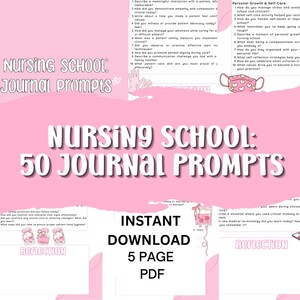 Könnte beinhalten: Rosa und weiße druckbare Tagebuch-Aufforderungen für angehende Krankenschwestern. Der Text "Nursing School: 50 Journal Prompts" ist in großer, fetter Schrift. Das Dokument ist mit "Sofort-Download 5 Seiten PDF" gekennzeichnet.