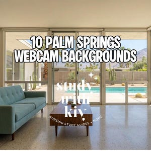 May include: Interior shot of a mid-century modern living room with a teal sofa, wooden coffee table, and large windows. The text "10 Palm Springs Webcam Backgrounds" is displayed. The room overlooks a pool and desert landscape.