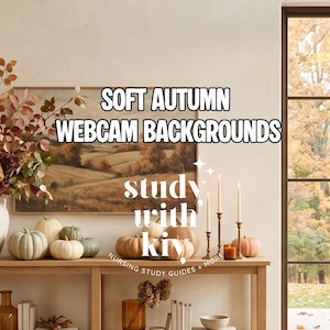 Peut inclure: Un graphique numérique avec le texte SOFT AUTUMN WEBCAM BACKGROUNDS et study with kiv nursing study guides more. L'image montre une console avec un grand vase de feuillage séché, diverses citrouilles, des bougies et une peinture de paysage.
