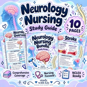 Könnte beinhalten: Ein 10-seitiger Lernleitfaden für die neurologische Krankenpflege mit lehrreichen Illustrationen des menschlichen Gehirns, des Rückenmarks und eines Reflexhammers. Die Seiten enthalten Texte zu neurologischen Grundlagen und Schlaganfällen.
