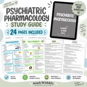 May include: A digital nursing study guide titled Psychiatric Pharmacology featuring 24 pages of content. The guide includes sections on Benzodiazepines, MAOI Inhibitors, SSRIs, and Lithium, presented in a clear, organized layout with text.