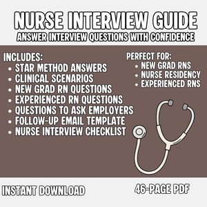 Könnte beinhalten: Ein digitales Nurse Interview Guide Dokument mit dem Text Nurse Interview Guide und Answer Interview Questions With Confidence. Es listet Inhalte wie Star Method Answers, klinische Szenarien und eine Stethoskop-Grafik auf.