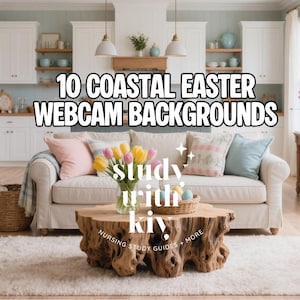 Peut inclure: Une scène de salon chaleureuse avec un canapé, une table basse et des décorations de Pâques. L'image présente le texte "10 Coastal Easter Webcam Backgrounds" et "study with kiv". La pièce est décorée dans des couleurs douces avec des fleurs et des objets décoratifs.