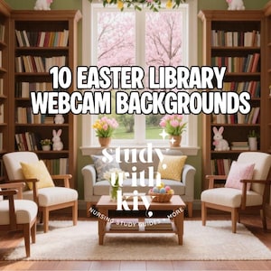 Peut inclure: Arrière-plan de bibliothèque sur le thème de Pâques avec des étagères, des chaises et une petite table. L'image affiche le texte "10 Easter Library Webcam Backgrounds" et les mots "study with kiv". Des fleurs et des figurines de lapin de Pâques sont visibles.