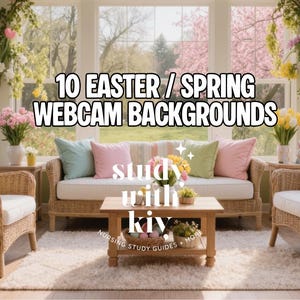 May include: A bright, inviting room with wicker furniture, pastel pillows, and floral arrangements. The text "10 Easter / Spring Webcam Backgrounds" is displayed. Baskets with Easter eggs and bunny figurines add to the spring theme.