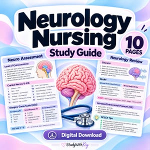 Könnte beinhalten: Ein 10-seitiger digitaler Download eines neurologischen Pflege-Studienführers. Das Cover zeigt eine Illustration eines rosa Gehirns, ein blaues Stethoskop und Text zu neurologischen Untersuchungen und Hirnnerven.