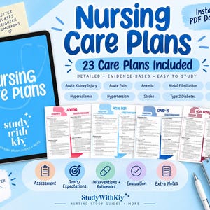May include: A digital nursing care plan study guide featuring 23 evidence-based plans including topics like acute kidney injury, anaemia, and COVID-19. The set includes a tablet display, printed document samples, and a checklist notebook for nursing students.
