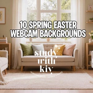 May include: A cozy living room scene with two sofas, pillows, and floral arrangements. The text "10 Spring Easter Webcam Backgrounds" is displayed. The room is decorated in neutral tones with a rug and wooden furniture.