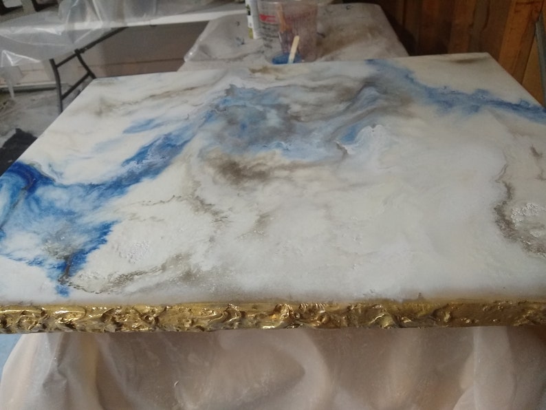 Epoxy Resin White Marble Table Top in Blue and Golden color