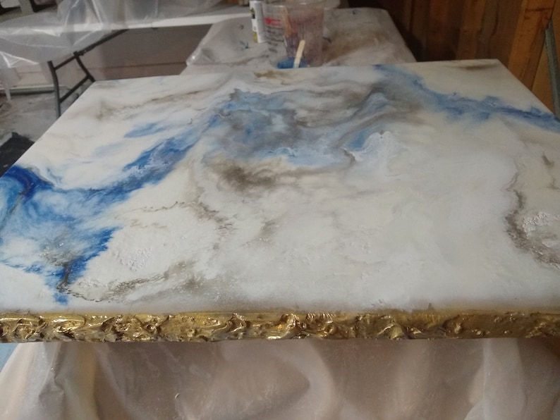 Epoxy Resin White Marble Table Top in Blue and Golden color