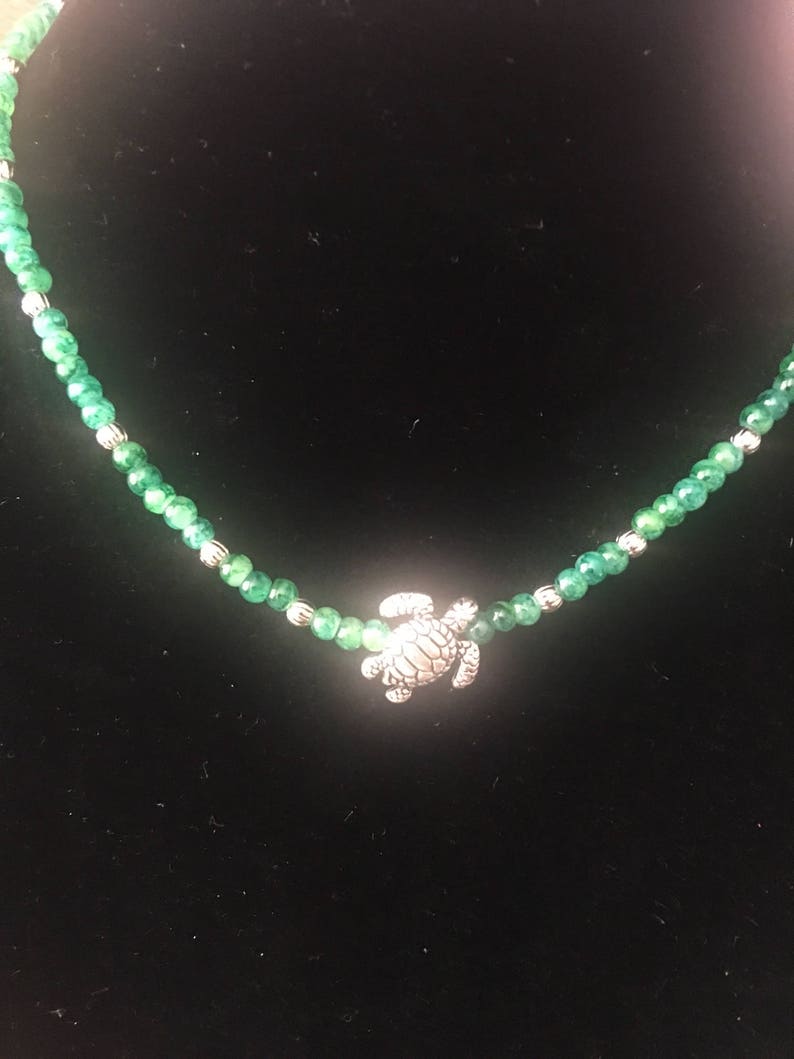 Choker Marble Green Beaded Necklace with Silver Sea Turtle Adjustable Boho Beach Style