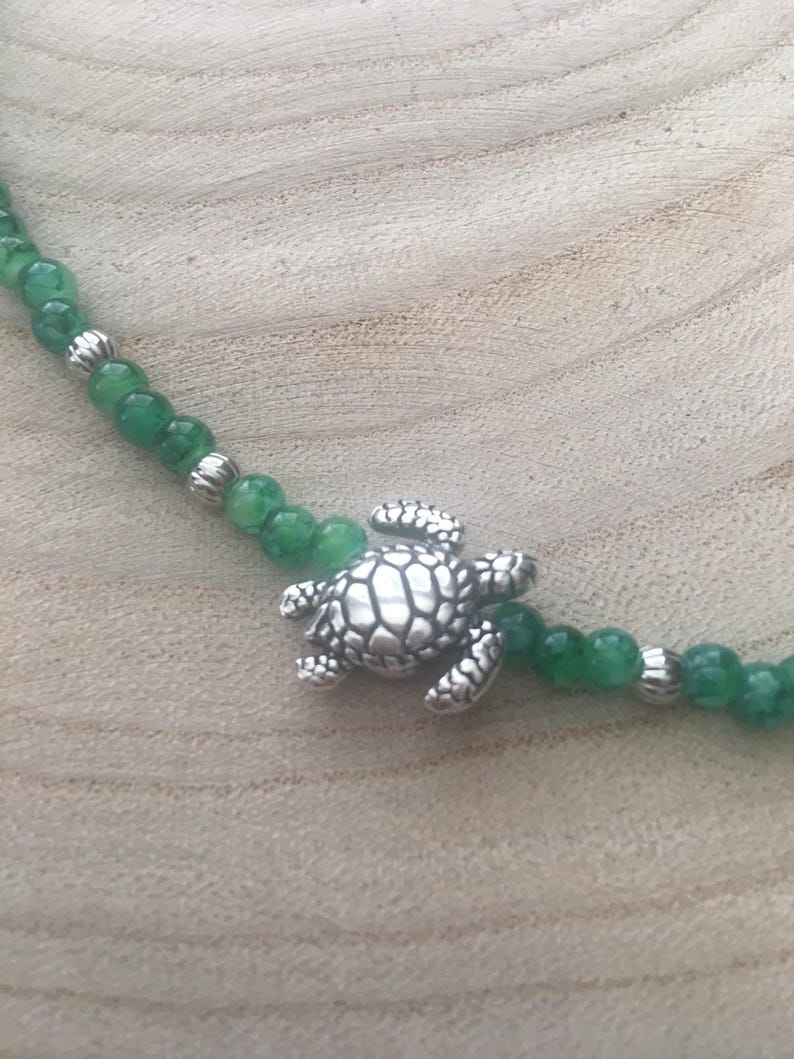 Choker Marble Green Beaded Necklace with Silver Sea Turtle Adjustable Boho Beach Style