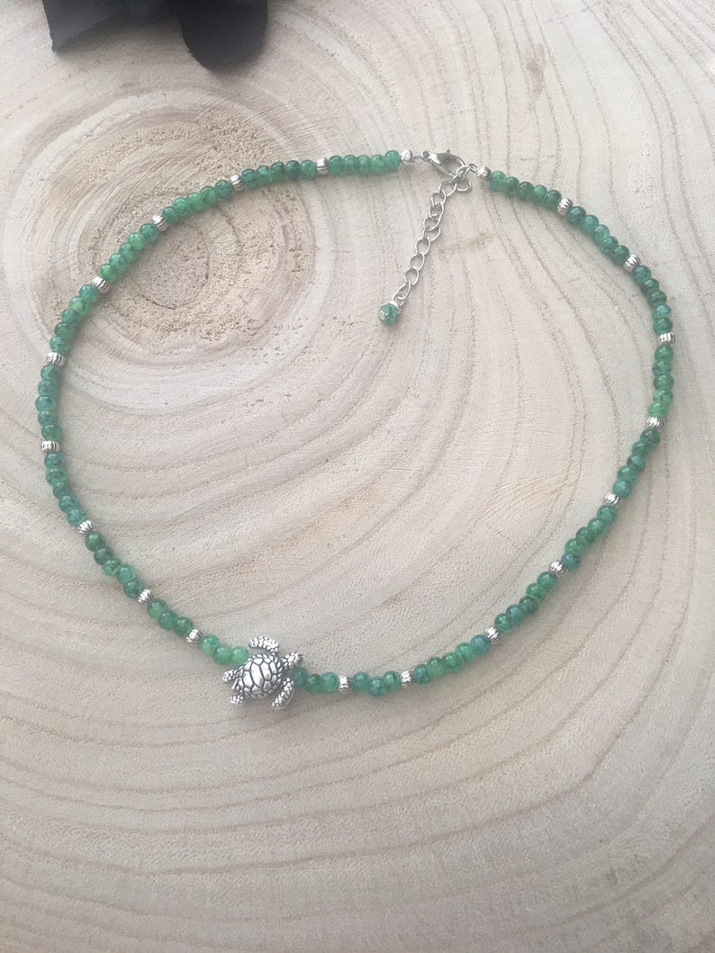 Choker Marble Green Beaded Necklace with Silver Sea Turtle Adjustable Boho Beach Style