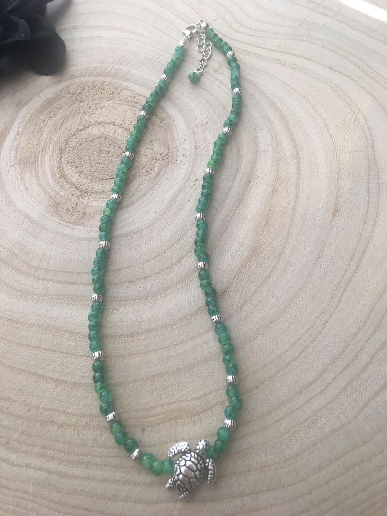 Choker Marble Green Beaded Necklace with Silver Sea Turtle Adjustable Boho Beach Style