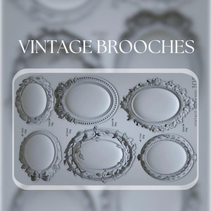 May include: A collection of six vintage-style brooches in a light gray color. Each brooch has an oval shape with ornate, decorative frames. The text "VINTAGE BROOCHES" is displayed at the top.