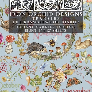 May include: A set of eight 8" x 12" sheets of Iron Orchid Designs transfer titled The Bramblewood Diaries by Jane Carkill. The light blue background features watercolor illustrations of woodland animals, mushrooms, flowers, and seasonal text.