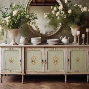 Pu&ograve; includere: Un antico mobile a credenza dipinto di bianco con quattro ante e dettagli dipinti di fiori. Il mobile &egrave; decorato con fiori bianchi in vasi e uno specchio sulla parete dietro.