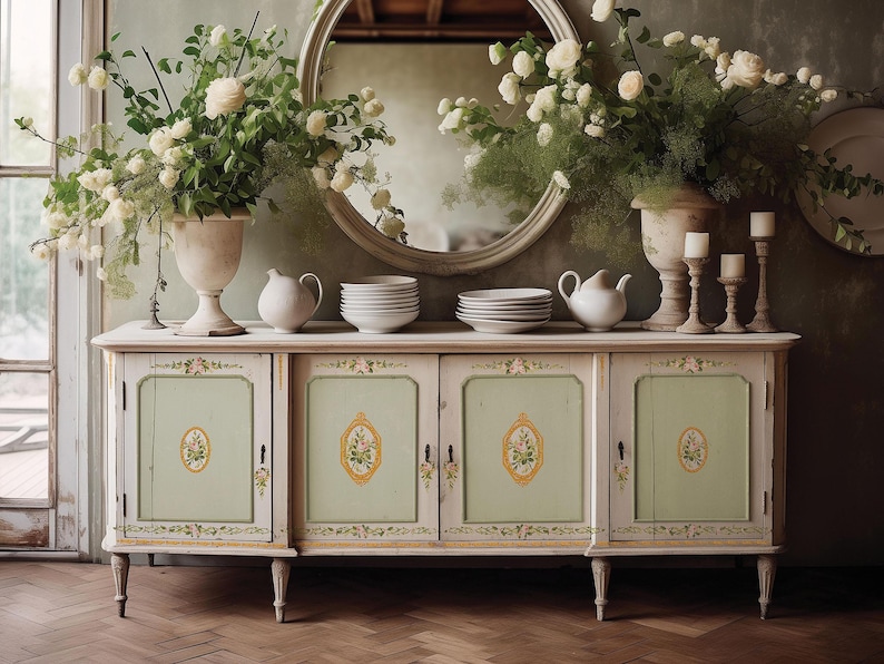 Pu&ograve; includere: Un antico mobile a credenza dipinto di bianco con quattro ante e dettagli dipinti di fiori. Il mobile &egrave; decorato con fiori bianchi in vasi e uno specchio sulla parete dietro.