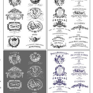 May include: Four black and white printable sheets of vintage French-inspired designs. The sheets feature ornate floral and geometric patterns, including crests, crowns, and text. The text includes the words "La Cour", "L'Amour Vrai", "Fronzac", "Le Jardin", "The Picture Gallery", and "Good Boys and Girls".