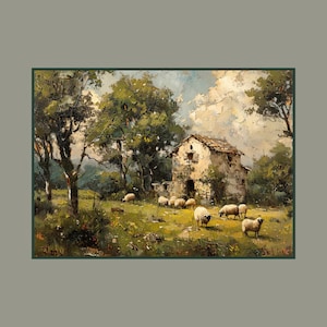 May include: An oil painting depicting a rustic stone cottage nestled in a lush green meadow with several white sheep grazing. Tall, textured trees frame the scene under a cloudy sky, with visible brushstrokes and earthy tones of green, brown, and cream.