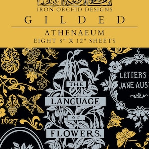 May include: A black and gold decorative paper sheet set with the text "GILDED ATHENAEUM" and "THE LANGUAGE OF FLOWERS." The sheets measure 8" x 12" and feature floral and butterfly designs.