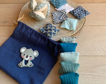 Montessori inspired early learning set - gripping ball - tactile cushions - sensory squares - koala teething ring - blue