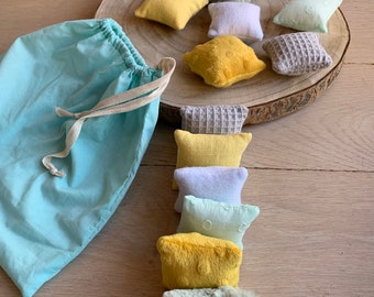 Baby gift idea - Set of 12 sensory cushions, tactile Montessori inspiration - baby touch awakening game, textures - green-yellow tones