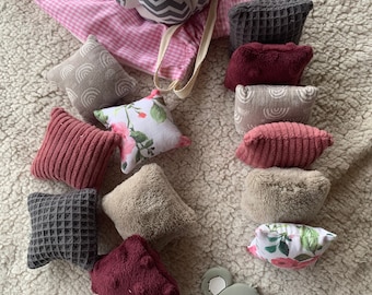 Montessori Awakening Baby Gift Idea - Gripping Ball-Tactile Cushions-Sensory Squares-Koala Teething Ring- Pink and Grey