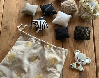 Montessori inspired early learning set - gripping ball - tactile cushions - sensory squares - koala silicone rattle - gold, black and white