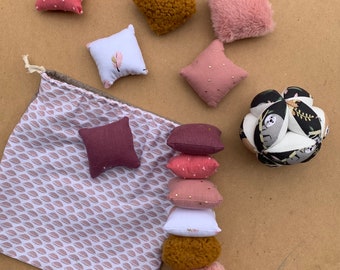 Montessori inspired awakening set - gripping ball - tactile cushions - sensory squares - yellow and pink