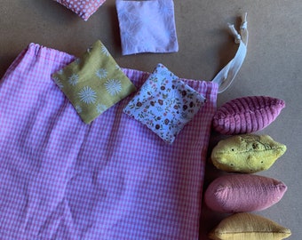 Baby gift idea - Lot of 10 sensory cushions, tactile montessori inspiration-baby touch awakening game,textures-yellow-pink tones