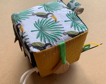 tropical jungle activity cube - fabric baby activity cube - baby sensory toy - bell - rustling paper - mustard and green