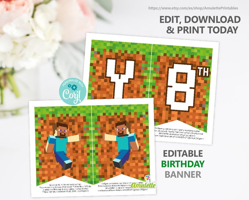 Minecraft banner, Minecraft birthday social gathering printable decorations, social gathering materials, EDITABLE template, immediate down load image regarding Minecraft Birthday Printable identified as Minecraft banner, Minecraft birthday occasion printable decorations, occasion resources, EDITABLE template, quick down load