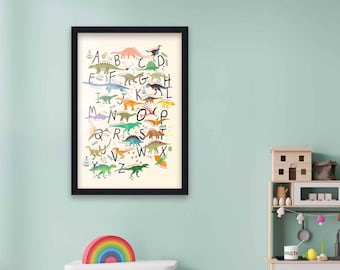 12x18 Framed Nursery Wall Art Dinosaur ABC Poster In Black Wood Frame For Kid Bedroom or Playroom | Dinosaur Nursery Art | Alphabet Art