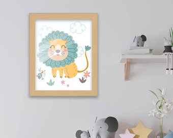 8x10 Framed Nursery Wall Art Boho Safari Lion Poster In Natural Wood Frame For Kid Bedroom or Playroom  | Safari Animal Nursery
