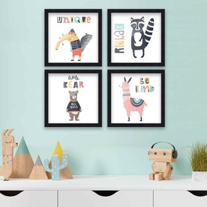 May include: Four framed prints with colorful illustrations of animals and inspirational messages. The prints feature a raccoon with the word "Relax", an anteater with the word "Unique", a bear with the words "Little Bear Big Boss", and a llama with the words "Be Kind".