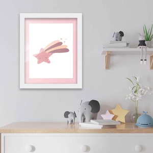8x10 Framed Nursery Wall Art Boho Galaxy Shooting Star Poster with Soft Pink Mat in 10x12 White Wood Frame | Boho Nursery Wall Art