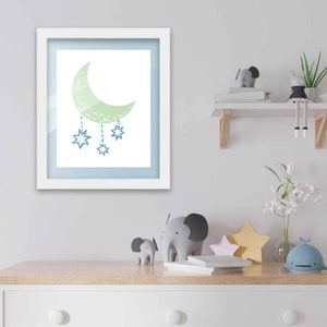 8x10 Framed Nursery Wall Art Boho Galaxy Moon Poster with Baby Blue Mat in a 10x12 White Wood Frame | Stars and Moon | Boho Nursery Wall Art