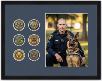 6 Challenge Coin Display Frame with 8x10 Photo - Military Coin Holder Shadow Box - Black, Gold, Bamboo or Bronze Wood