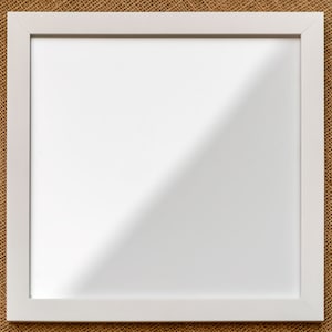 May include: A square wall mirror featuring a clean, white frame with a smooth finish. The reflective glass surface is clear and flat, capturing a bright light reflection across the center, set within a simple, uniform border design.