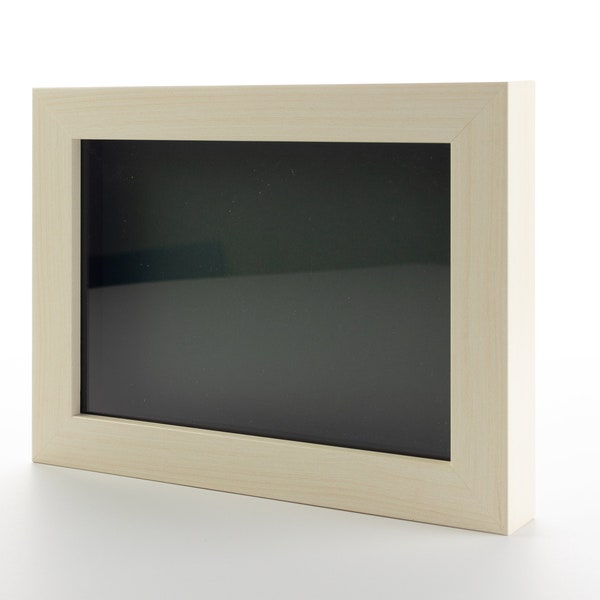 White Wash Shadowbox Gallery Wood Frame With Green Backing, Various Sizes - Acrylic Front and Hanging Hardware