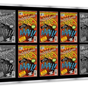 May include: A black framed display with ten comic book covers featuring the text "The Incredible Custom Picture Frames" and "AAAH!" in red, yellow, and black. The comic book covers are arranged in two rows of five.