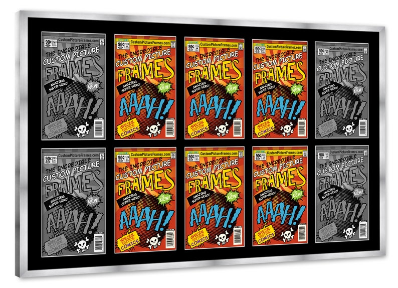 May include: A black framed display with ten comic book covers featuring the text "The Incredible Custom Picture Frames" and "AAAH!" in red, yellow, and black. The comic book covers are arranged in two rows of five.