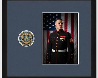 1 Challenge Coin Display Frame with 5x7 Photo - Military Coin Holder Shadow Box - Black, Gold, Bamboo or Bronze Wood